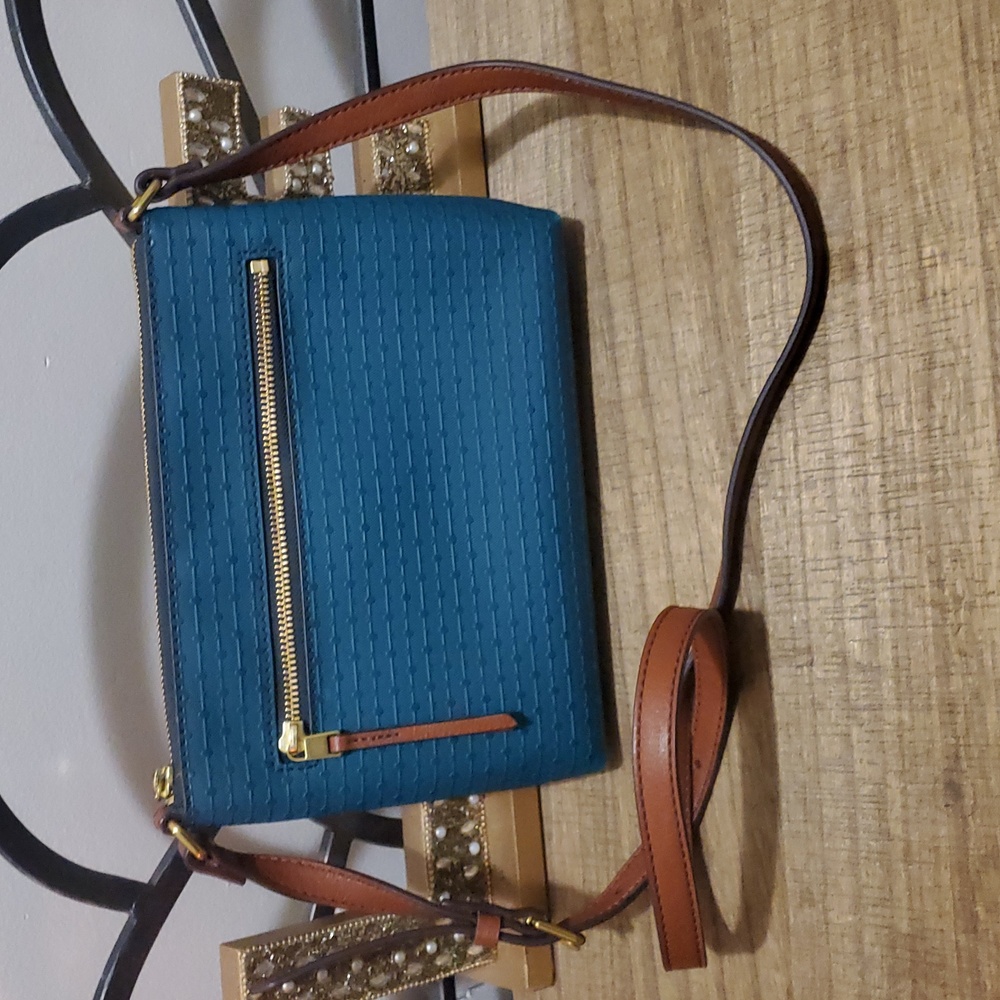Fossil Fiona Teal Turquoise Woven Canvas Crossbody Purse Bag - Picture 4 of 14